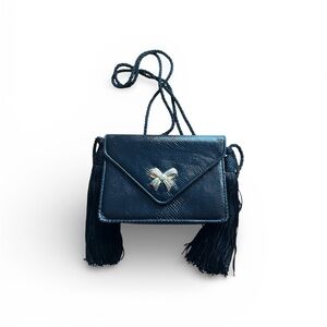 Vintage JUDITH LEIBER Black Leather Mini Shoulder Bag, Bow, Crystals, Tassels